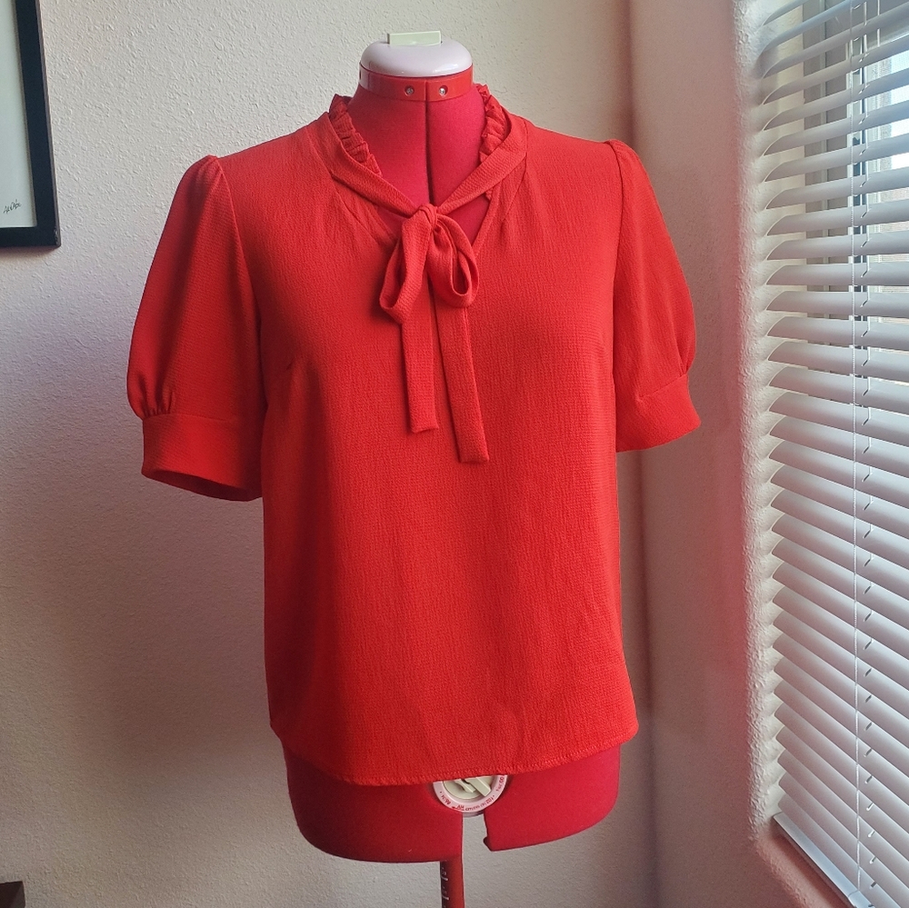 Coral/Red CeCe Tie Blouse with Neck Detail